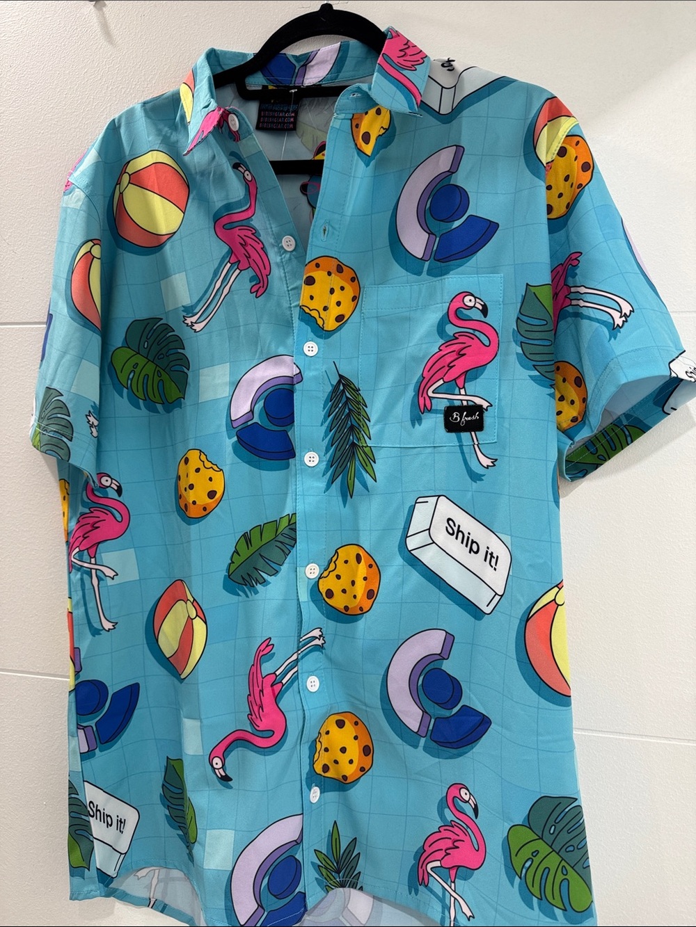 B Fresh Men's Tropical Print Short Sleeve Shirt - Blue Flamingo Pattern